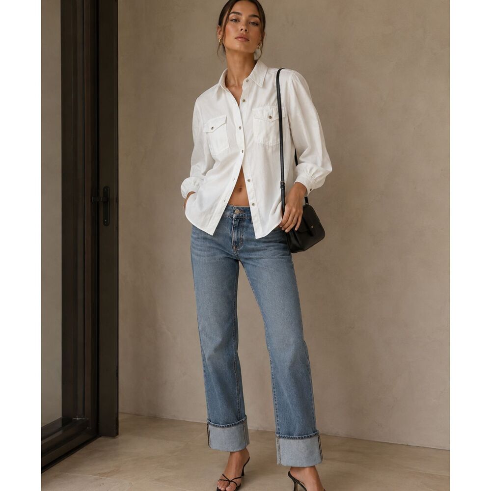 ZARA 100% Cotton Oversized White Snap Front Utility Shirt Poet Sleeve Size XS